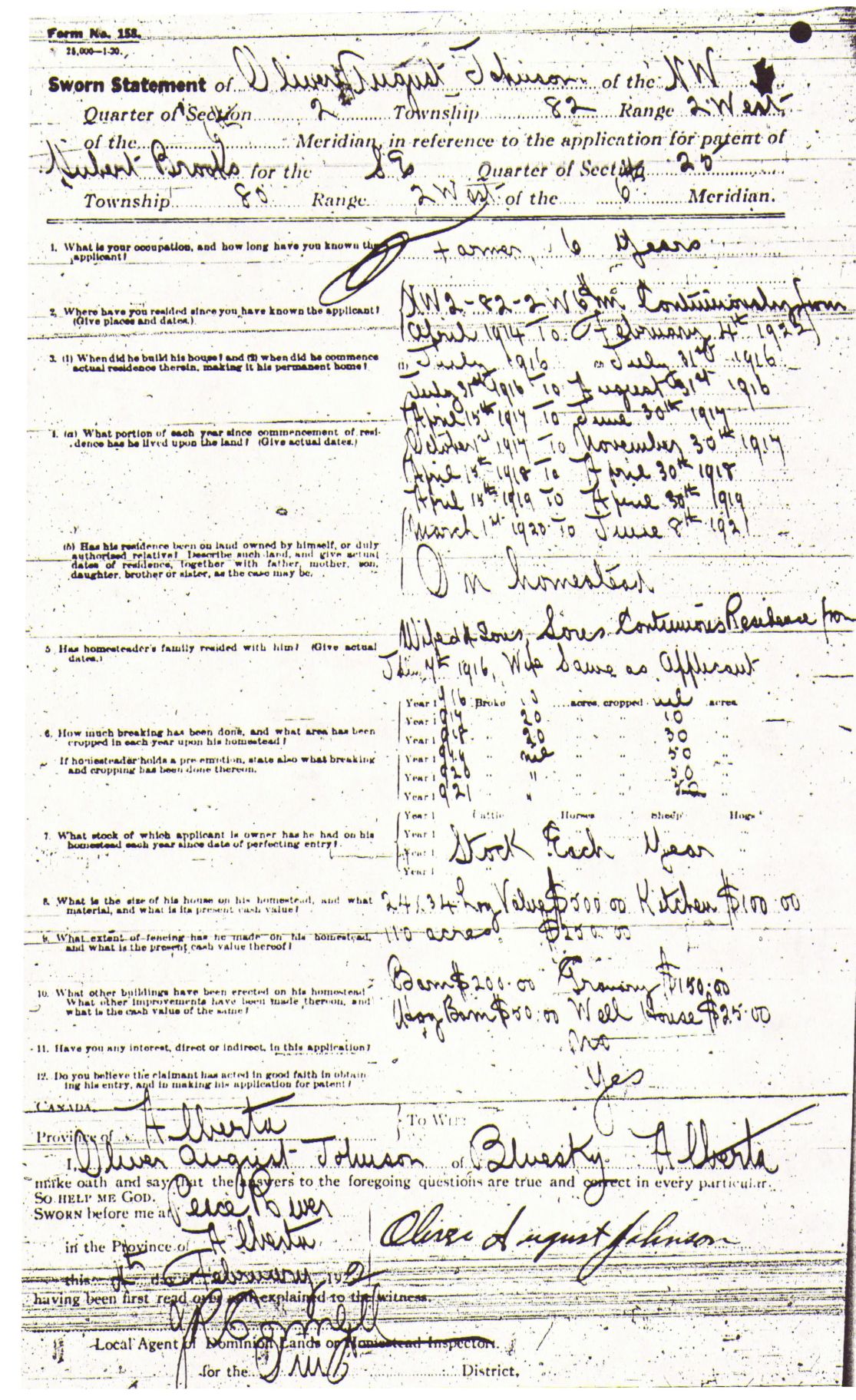 Provincial Archives of Alberta File 3754073 - Hubert Brooks  -Oliver August Johnson Supporting Statement 